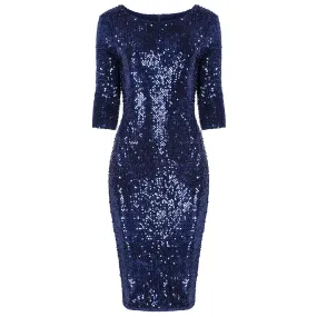 Navy Blue Velour Sequin Wiggle Dress