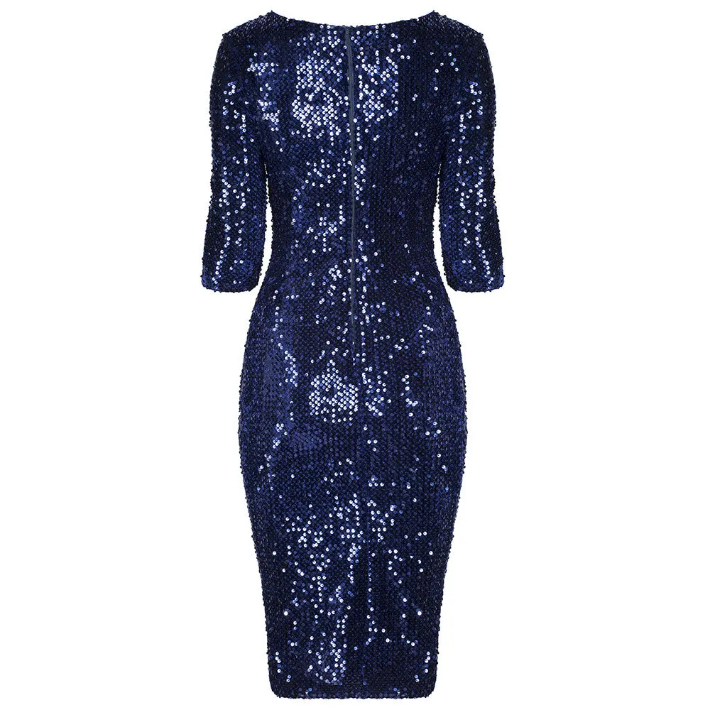 Navy Blue Velour Sequin Wiggle Dress