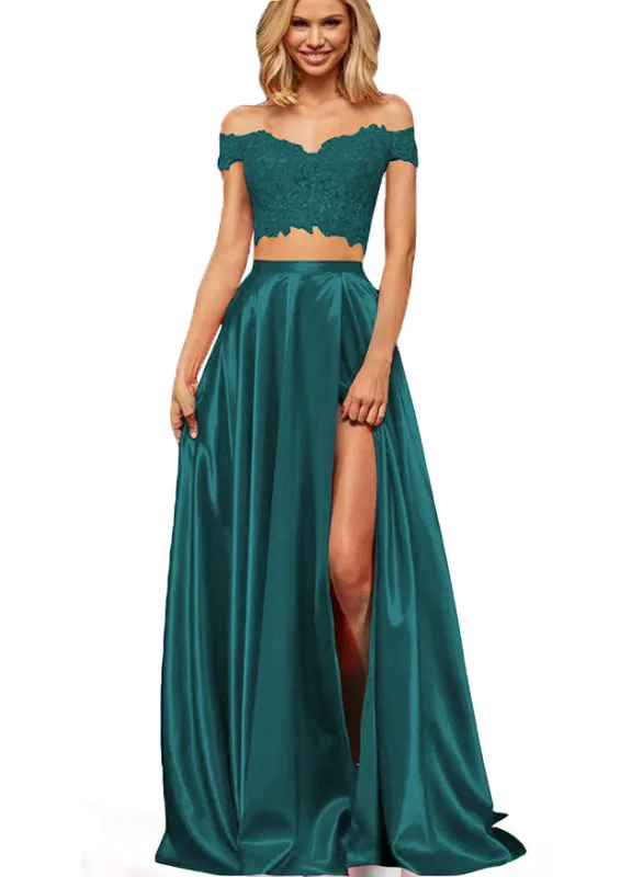 Off-the-Shoulder Two Piece Prom Dress With Slit Appliques