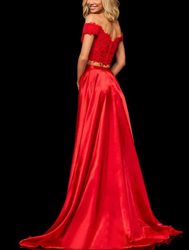 Off-the-Shoulder Two Piece Prom Dress With Slit Appliques