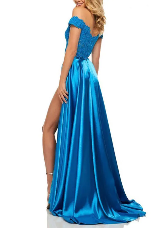 Off-the-Shoulder Two Piece Prom Dress With Slit Appliques