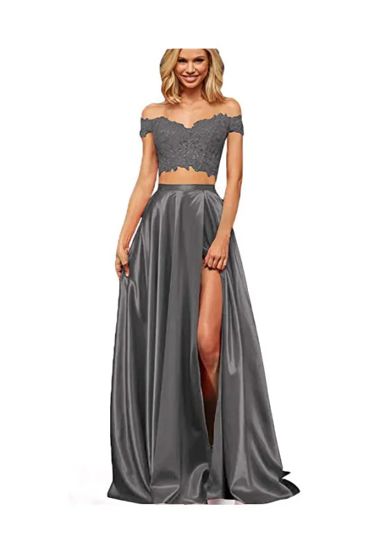 Off-the-Shoulder Two Piece Prom Dress With Slit Appliques