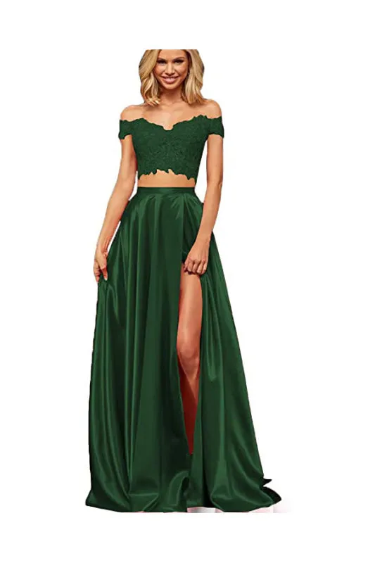 Off-the-Shoulder Two Piece Prom Dress With Slit Appliques