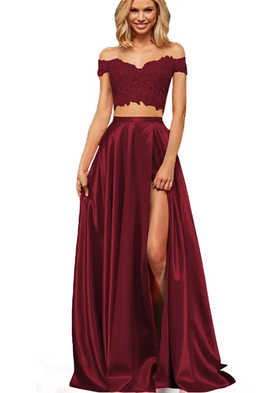 Off-the-Shoulder Two Piece Prom Dress With Slit Appliques