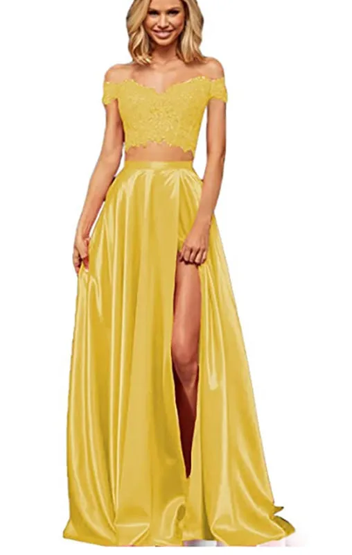 Off-the-Shoulder Two Piece Prom Dress With Slit Appliques