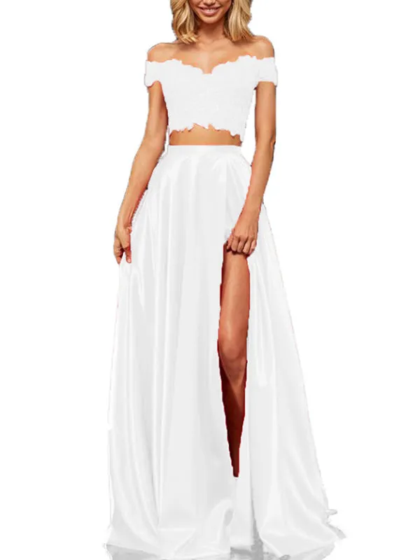 Off-the-Shoulder Two Piece Prom Dress With Slit Appliques