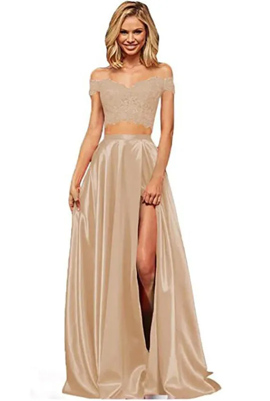 Off-the-Shoulder Two Piece Prom Dress With Slit Appliques