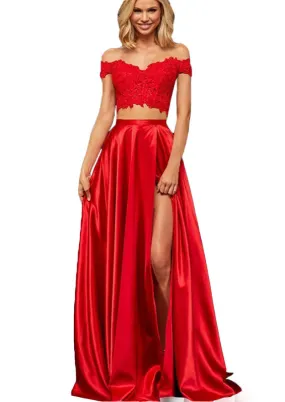 Off-the-Shoulder Two Piece Prom Dress With Slit Appliques