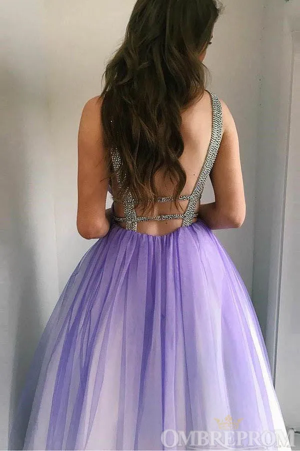 Ombre Prom Dresses Deep V Neck Sleeveless A Line Party Dresses