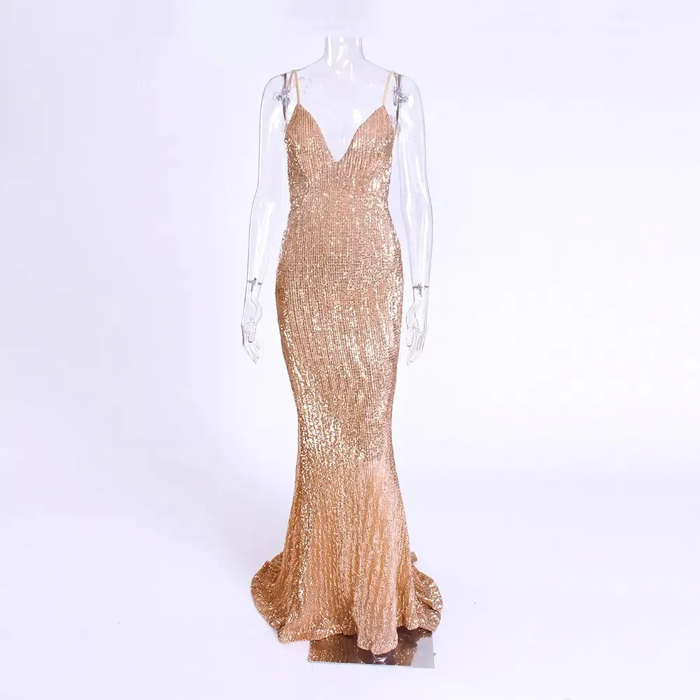 Open Back Mermaid Sequined Maxi Dress