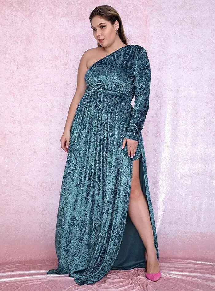 Open High Waist Velvet Long Sleeve Maxi Dress