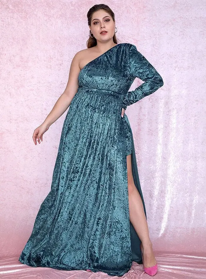 Open High Waist Velvet Long Sleeve Maxi Dress