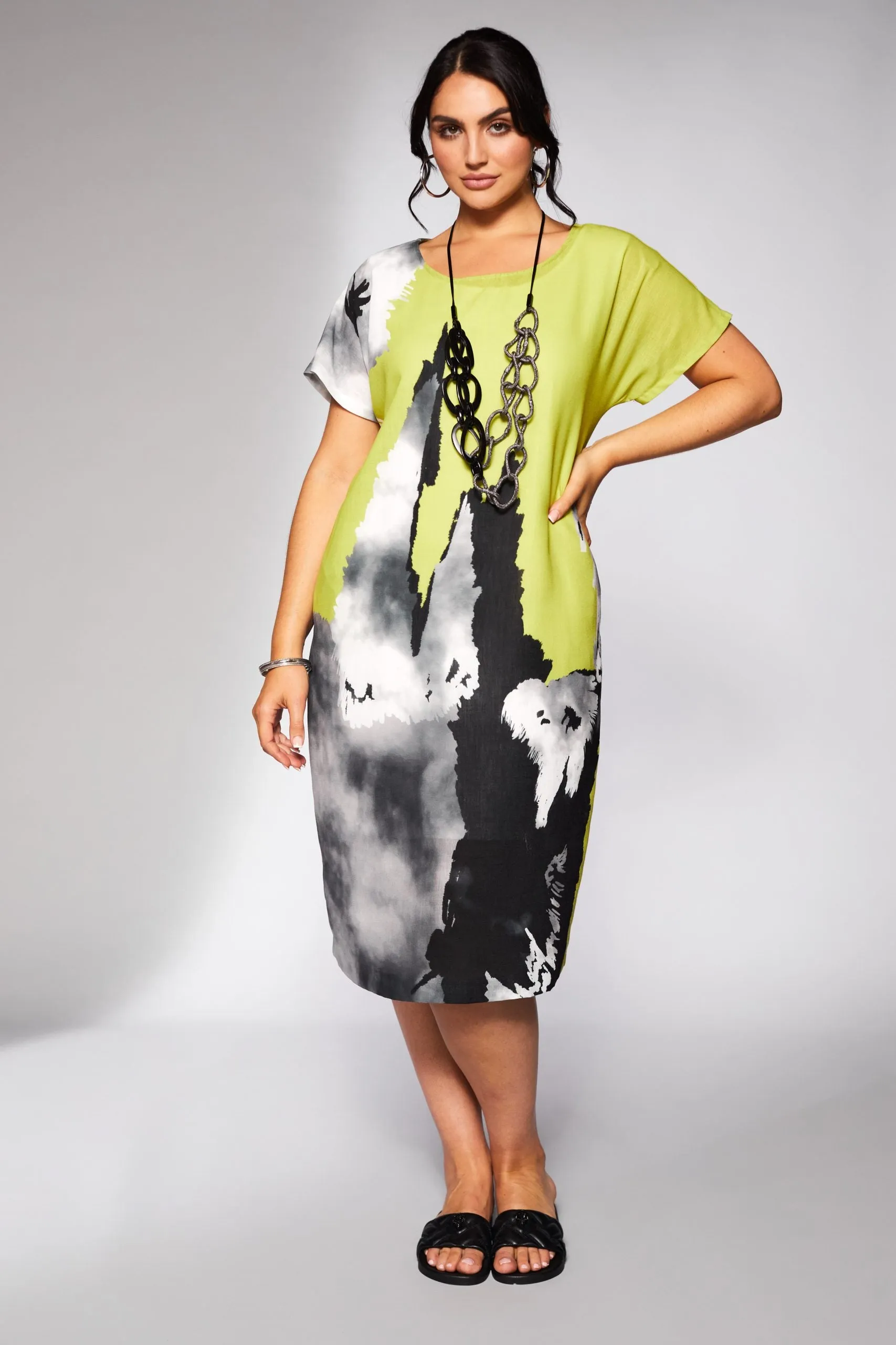 Ora lime green and grey print dress