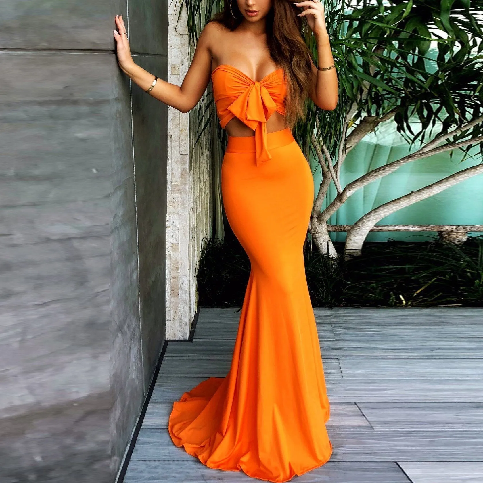 Orange Sweetheart Two Pieces Mermaid Sexy Long Bridesmaid Dresses Prom Dresses