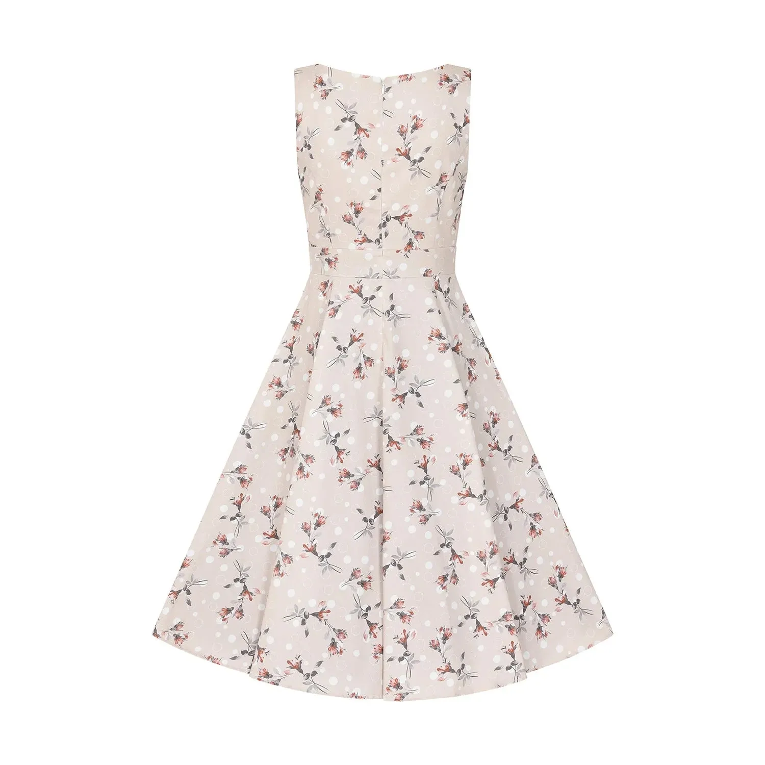 Pale Salmon Pink Polka Dot and Floral Sleeveless Swing Tea Dress