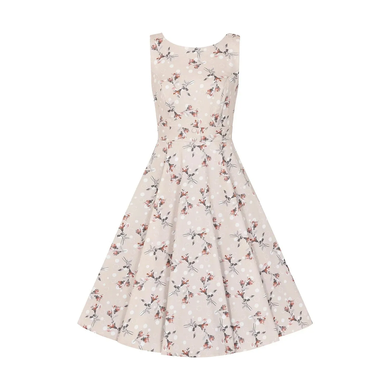 Pale Salmon Pink Polka Dot and Floral Sleeveless Swing Tea Dress