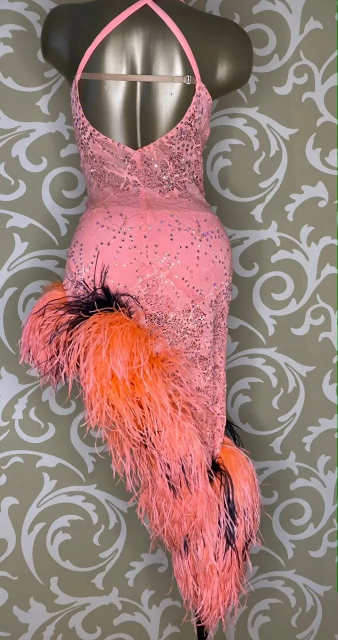 Peach Latin Dress with Feathers