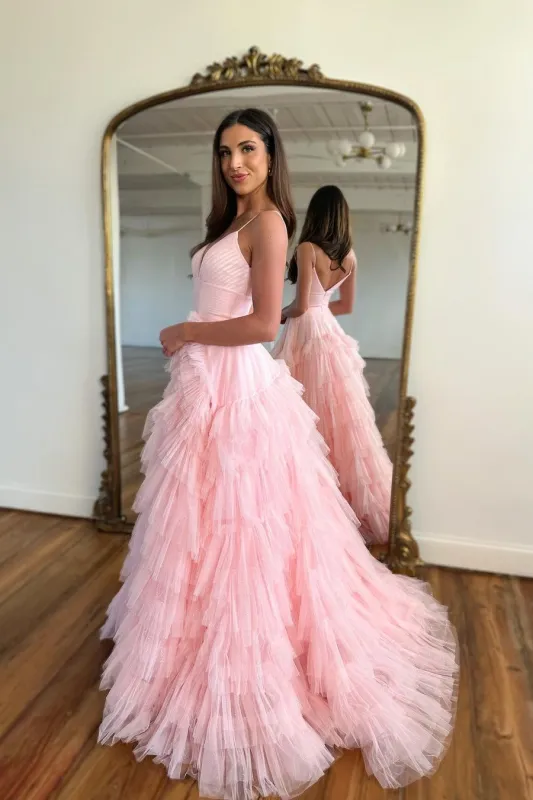 Pink Prom Dress with Mermaid Silhouette Sleeveless Spaghetti Straps and Tulle Fabric