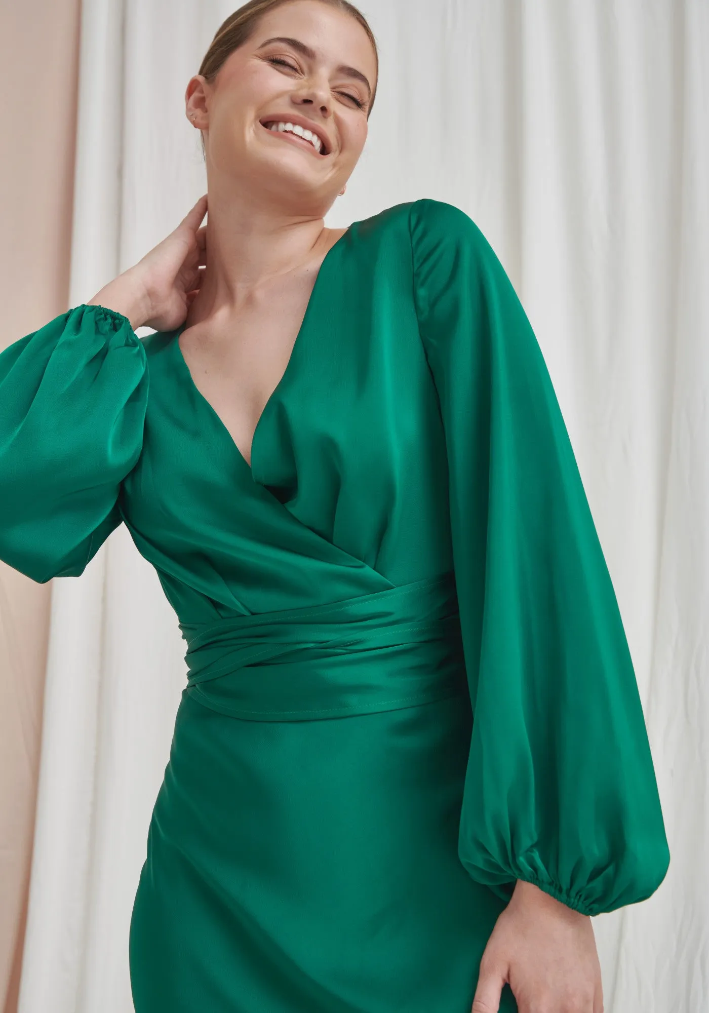 Pippa Long Sleeve Satin Maxi Dress - Emerald