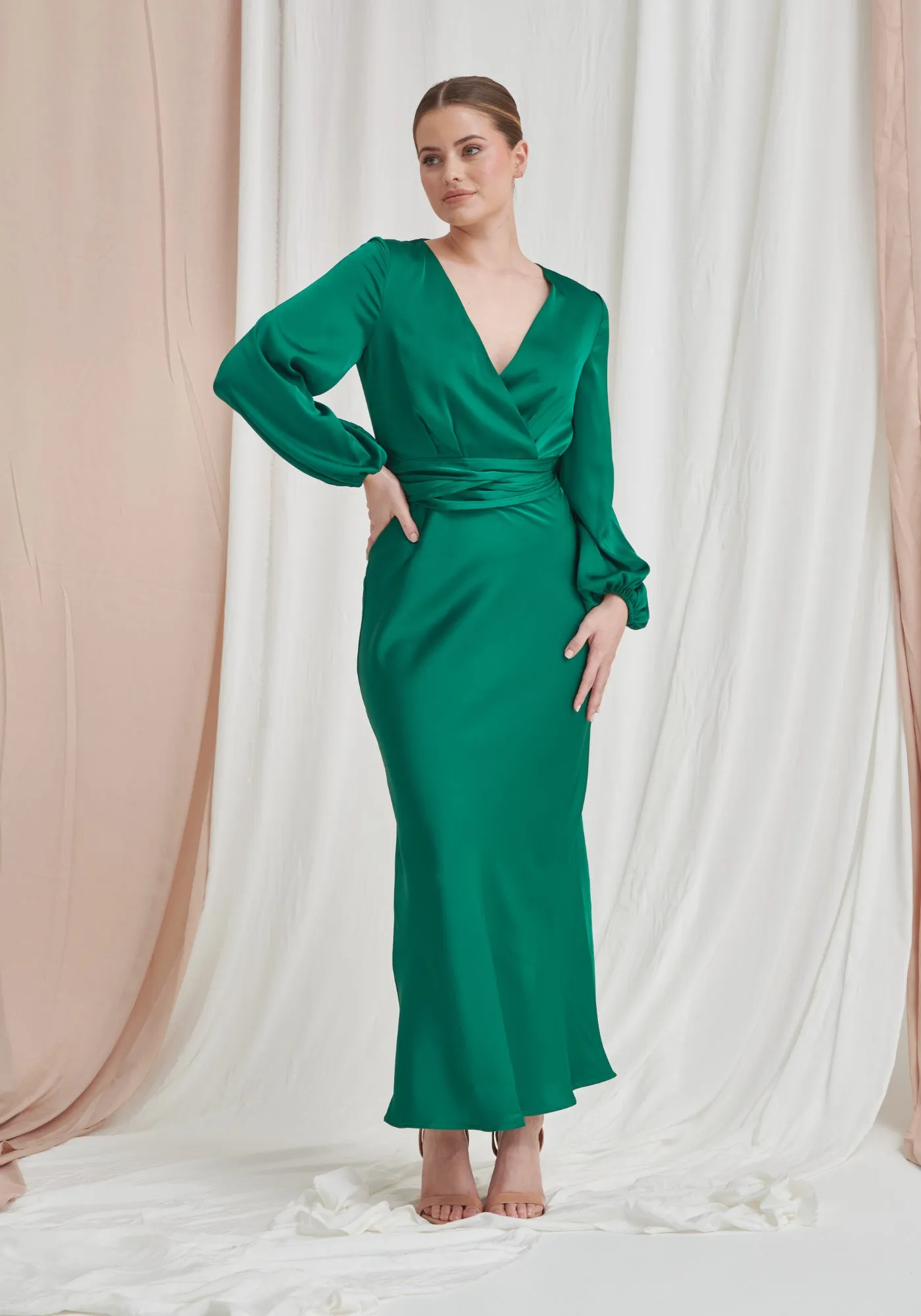 Pippa Long Sleeve Satin Maxi Dress - Emerald