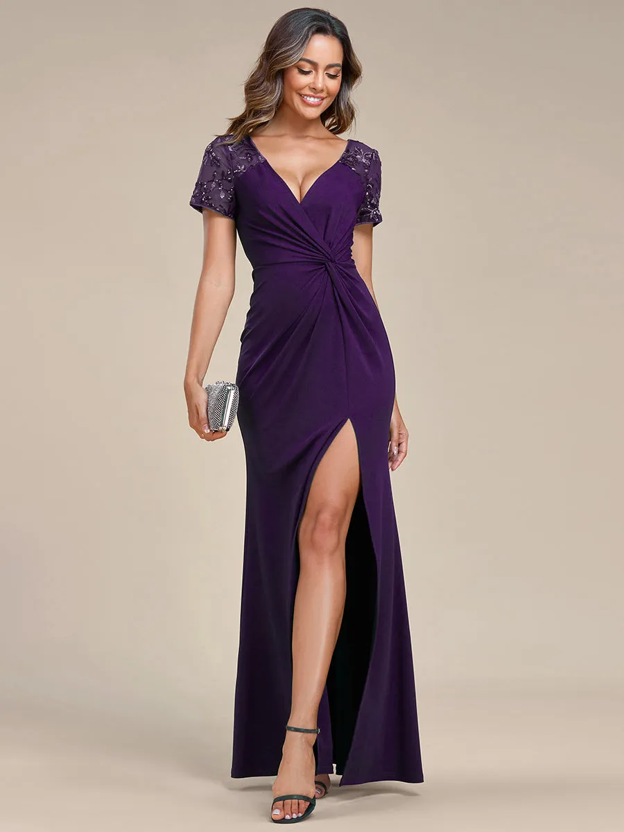 Plus Deep-V Side Split Appliques Ruched Belt Wholesale Evening Dress