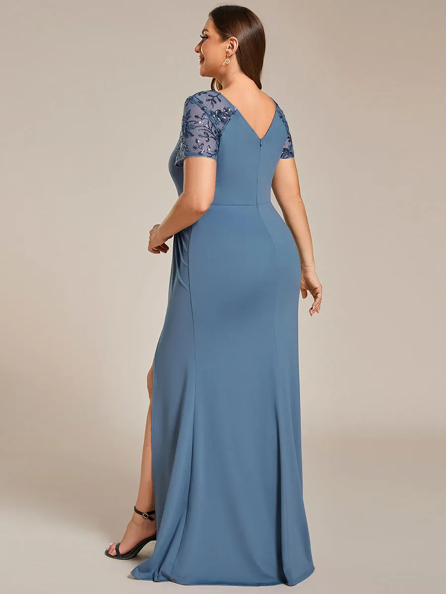 Plus Deep-V Side Split Appliques Ruched Belt Wholesale Evening Dress