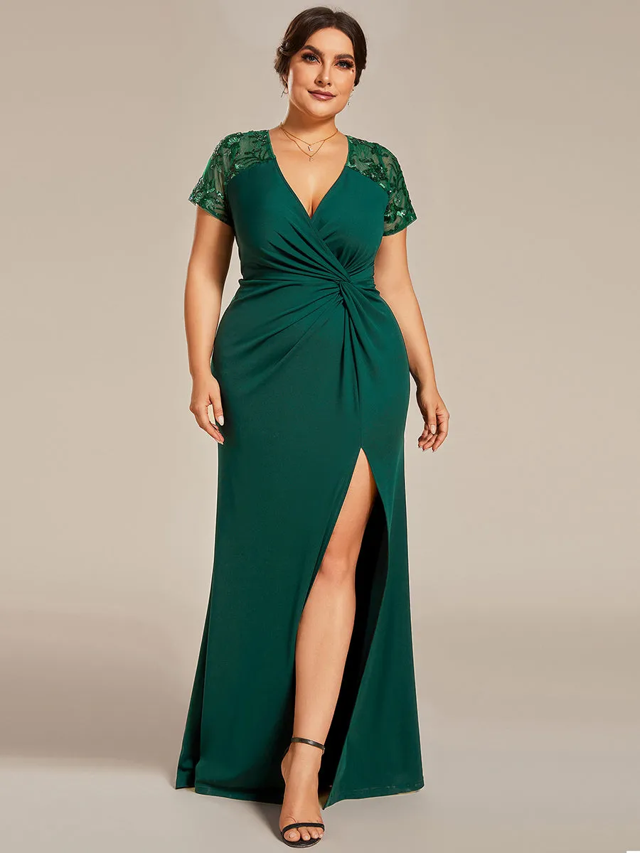 Plus Deep-V Side Split Appliques Ruched Belt Wholesale Evening Dress