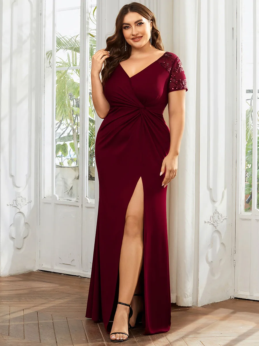 Plus Deep-V Side Split Appliques Ruched Belt Wholesale Evening Dress