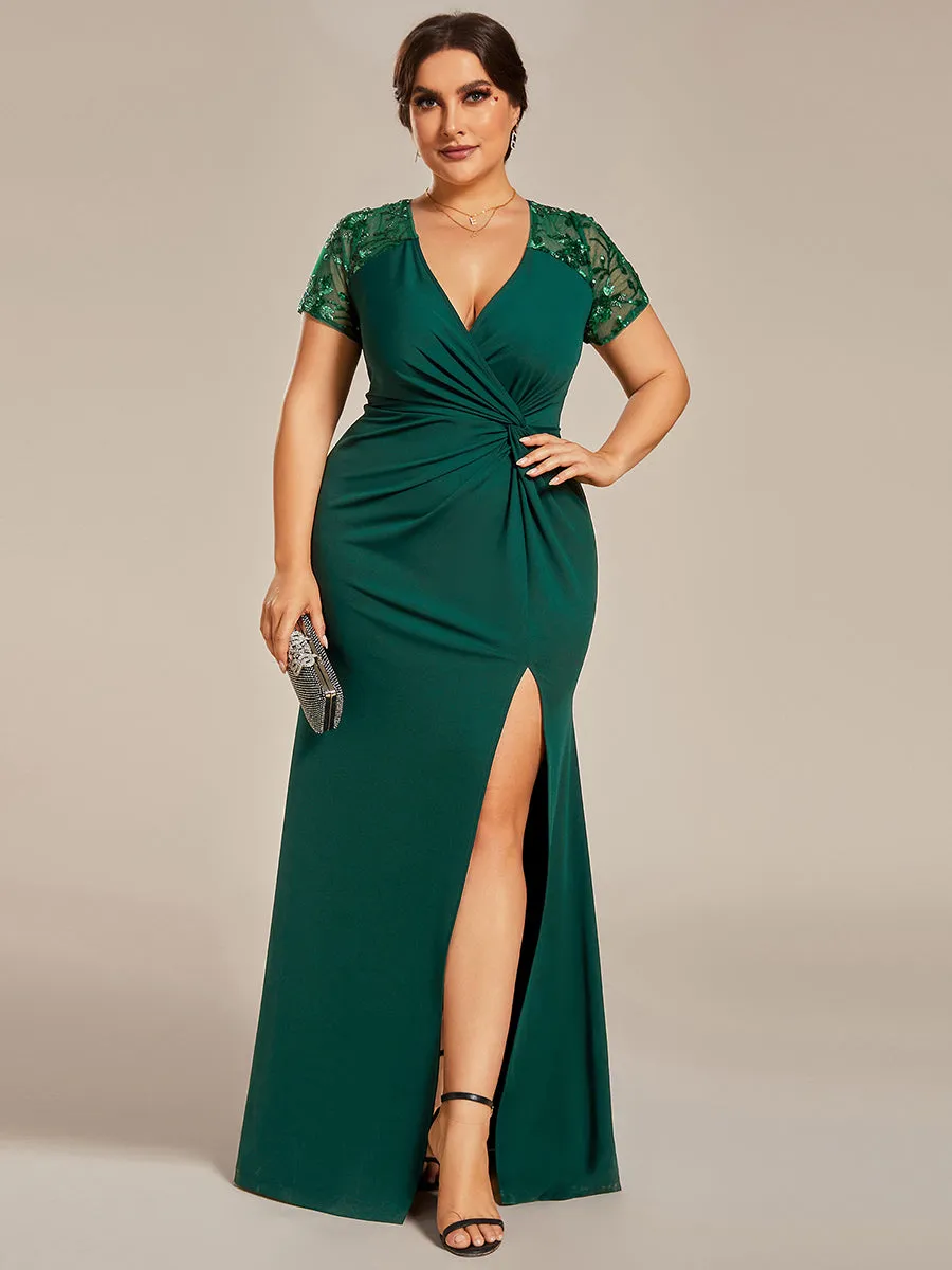 Plus Deep-V Side Split Appliques Ruched Belt Wholesale Evening Dress