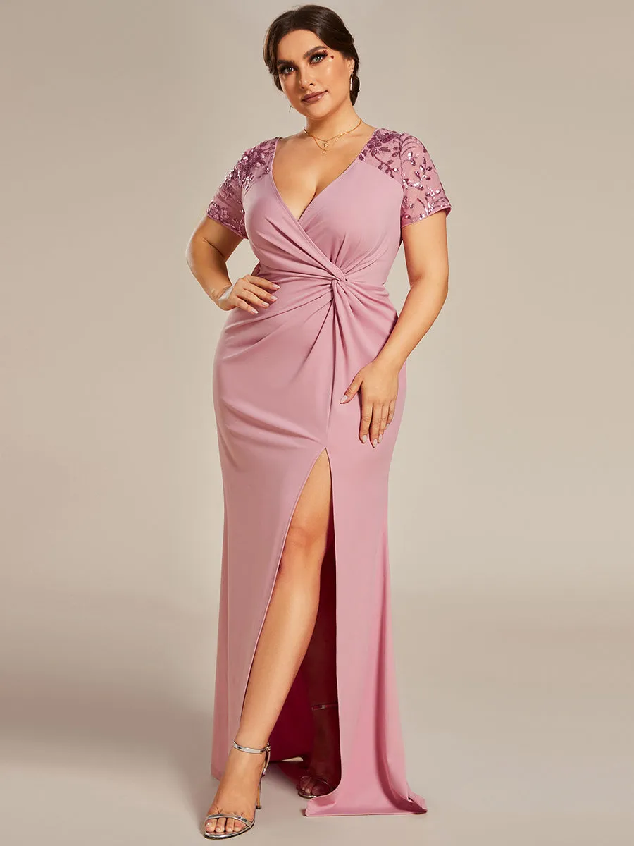 Plus Deep-V Side Split Appliques Ruched Belt Wholesale Evening Dress