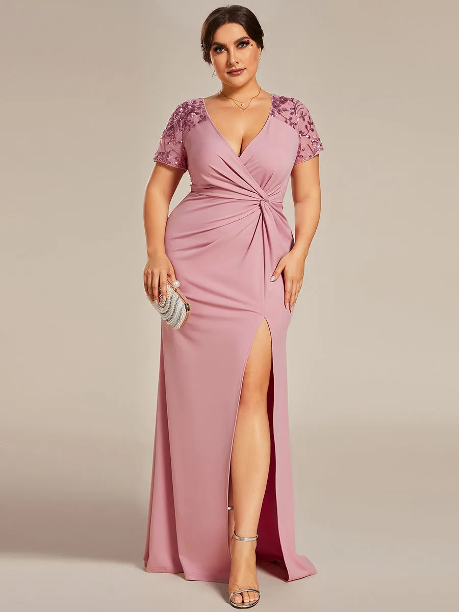 Plus Deep-V Side Split Appliques Ruched Belt Wholesale Evening Dress