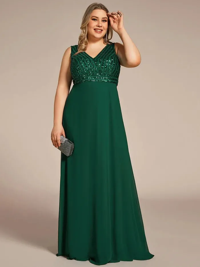 Plus-Sleeveless VNeck Sequin & Chiffon Evening Dress