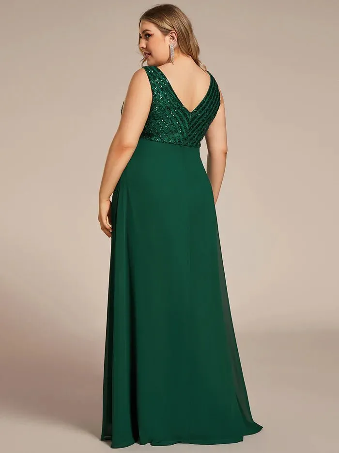 Plus-Sleeveless VNeck Sequin & Chiffon Evening Dress