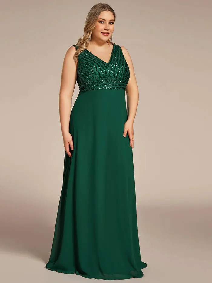 Plus-Sleeveless VNeck Sequin & Chiffon Evening Dress