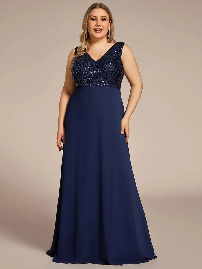 Plus-Sleeveless VNeck Sequin & Chiffon Evening Dress