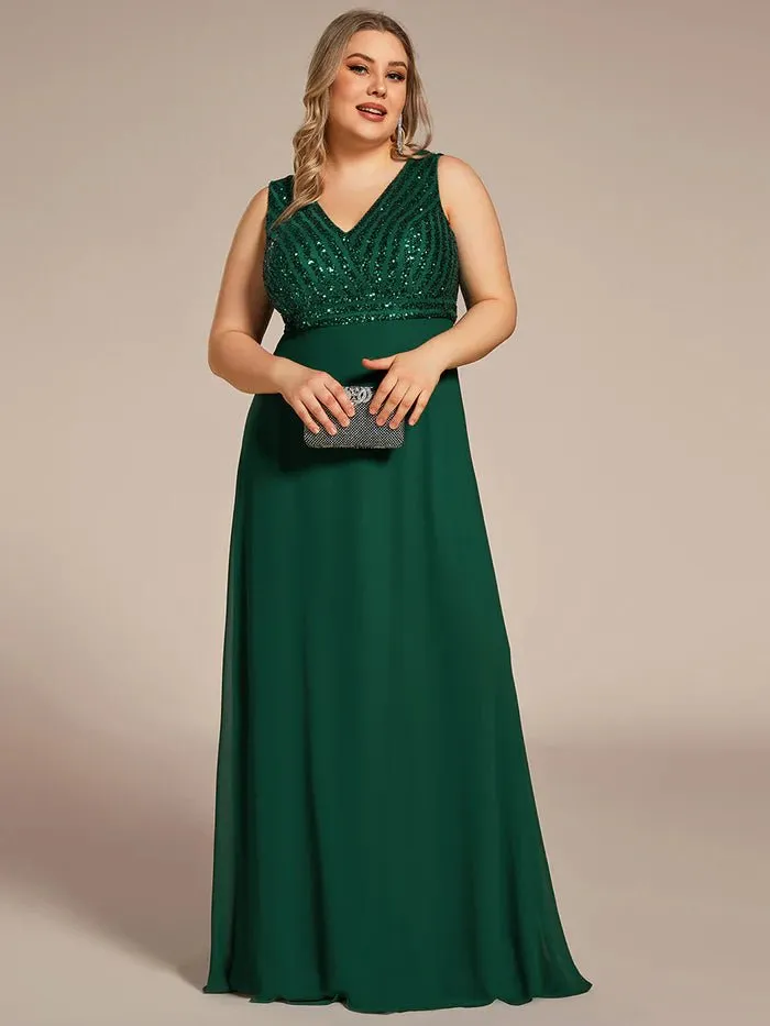 Plus-Sleeveless VNeck Sequin & Chiffon Evening Dress