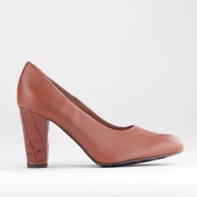 Pointed Court Shoes with Block High Heel in Chestnut - 12625