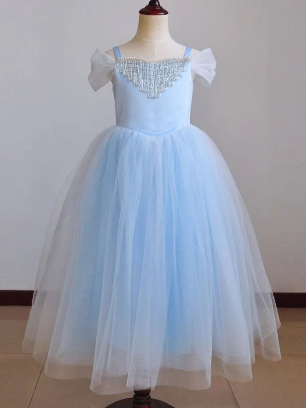 Princess Flower Girl Dresses Square Neck Sleeveless Sky Blue Lace Kids Party Dresses