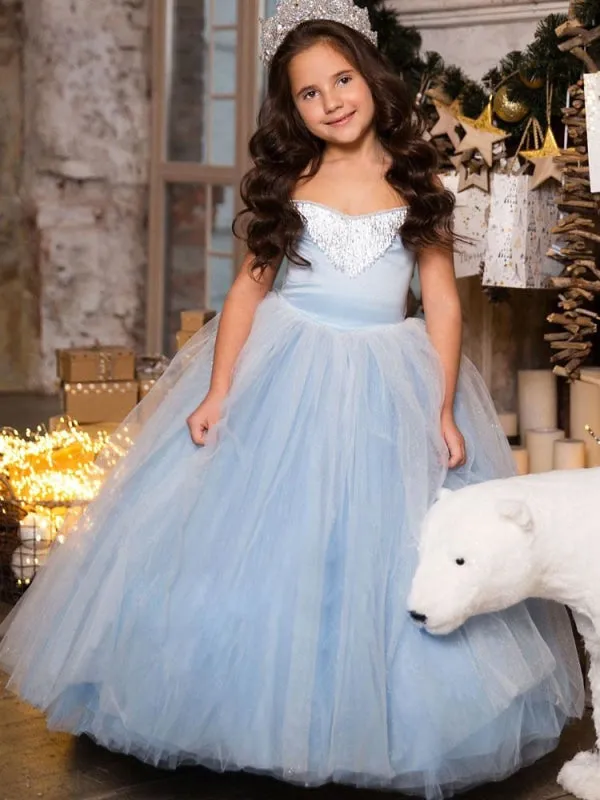 Princess Flower Girl Dresses Square Neck Sleeveless Sky Blue Lace Kids Party Dresses