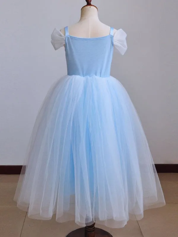 Princess Flower Girl Dresses Square Neck Sleeveless Sky Blue Lace Kids Party Dresses