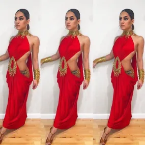 Red Crepe & Gold Sponsored Latin Dress