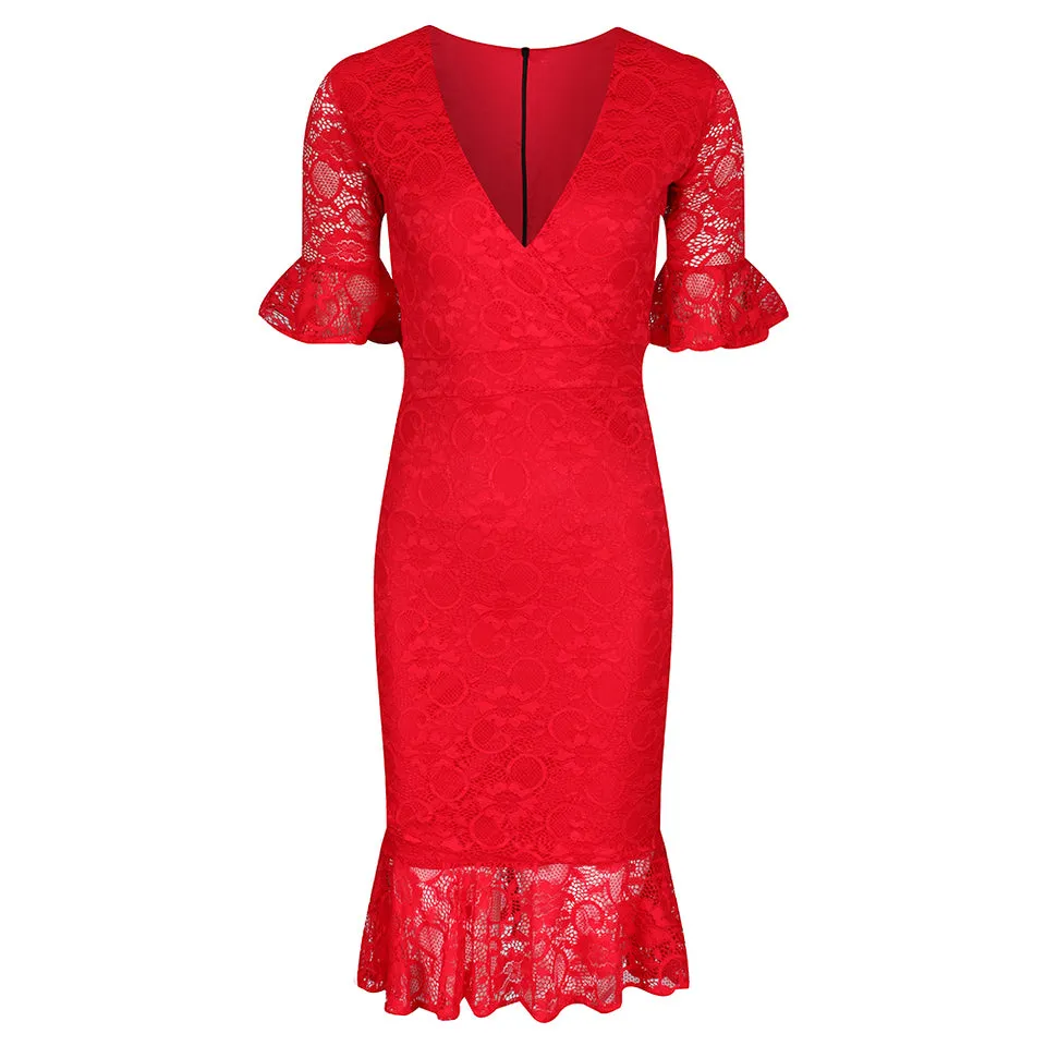 Red Lace Half Sleeve Fishtail Peplum Hem Bodycon Pencil Dress