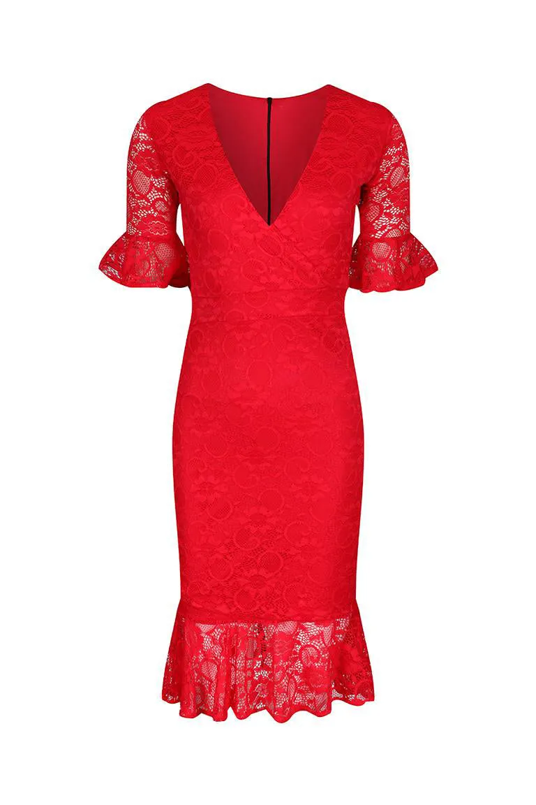 Red Lace Half Sleeve Fishtail Peplum Hem Bodycon Pencil Dress