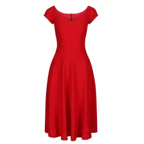 Red Pointelle Cap Sleeve V Neck Swing Dress