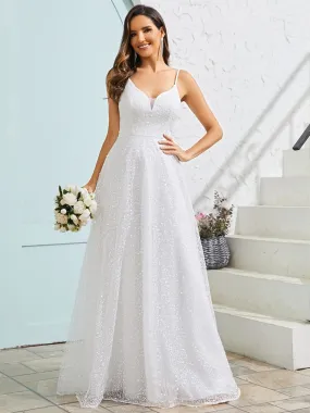 Robe de mariée en tulle à paillettes col en V sans manches dos nu