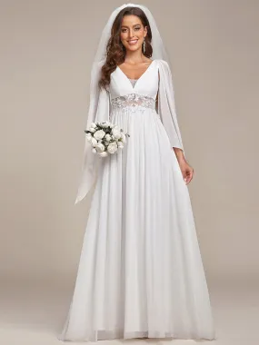 Robe de mariée longue fendue avec appliques à col en V profond