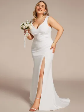 Robe de Mariée Simple Col en V Profond Grande Taille Sans Manches