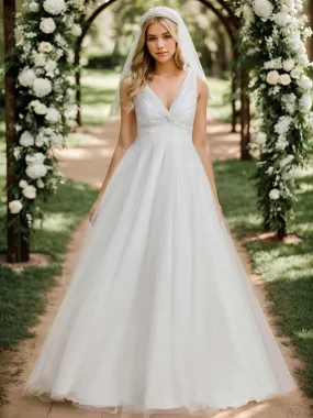 Robe de mariée trapèze classique en tulle plissé pailleté à double col en V avec