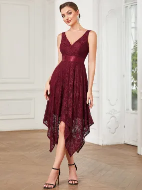 Robe de Soirée Asymétrique à la Taille en Ruban en Dentelle