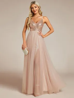 Robe de soirée dos nu à paillettes et tulle col en V fente haute